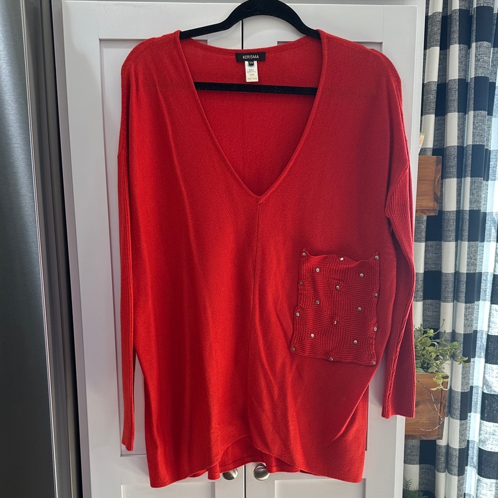Kerisma Red V-Neck Sweater with Embellished Pocket